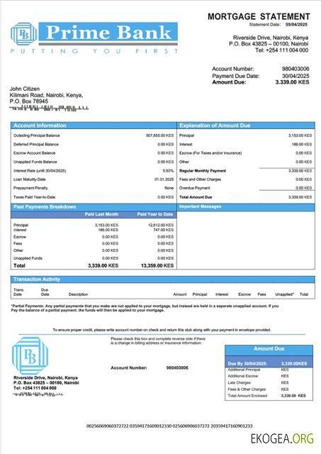 Modèle Word et PDF de relevé hypothécaire de la Kenya Prime Bank